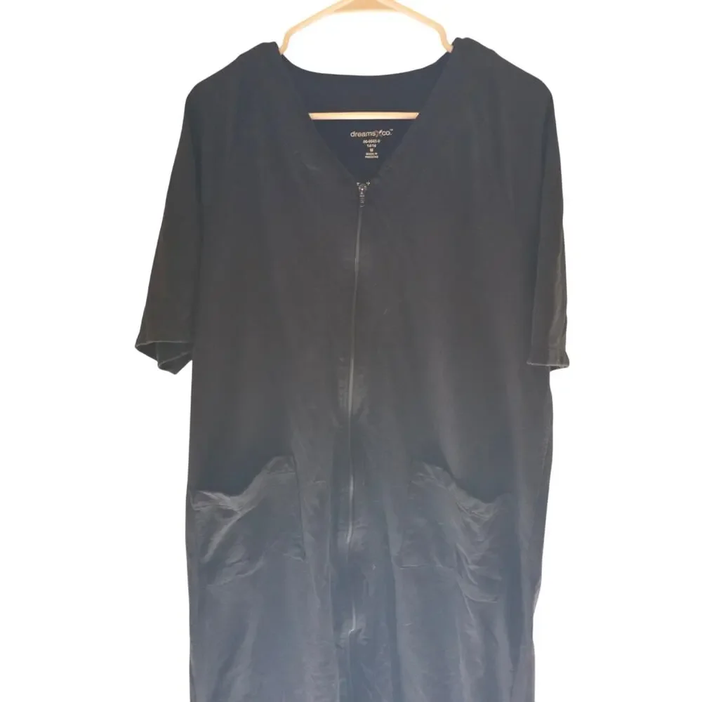 Dreams & Co Pajamas M (14/16)‎ Womens Black Full Zip Short Sleeve Pockets Sleep